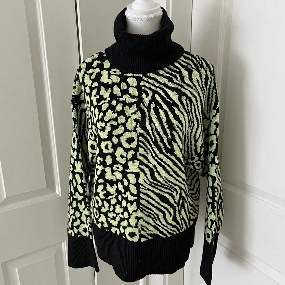 ZARA Chunky Mod Turtleneck Sweater – Leopard Zebra Print, Chartreuse, Size M - Picture 6 of 16